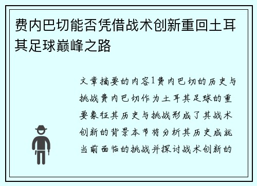 费内巴切能否凭借战术创新重回土耳其足球巅峰之路