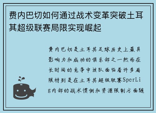 费内巴切如何通过战术变革突破土耳其超级联赛局限实现崛起